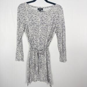APC Womens XS White Blue Cream Printed Tie Waist Cotton Linen Dress Long Sleeve